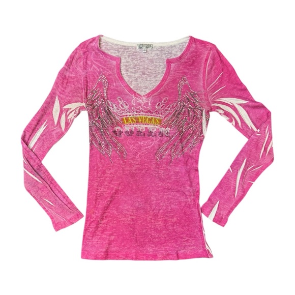 Y2K Love Amour McBling Las Vegas Queen Pink Ribbed Long Sleeve Top Size Small - Picture 1 of 5